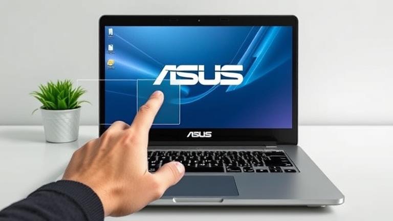 alt_text: ASUS device screenshot tutorial with finger pressing "Print Screen" on a modern laptop.