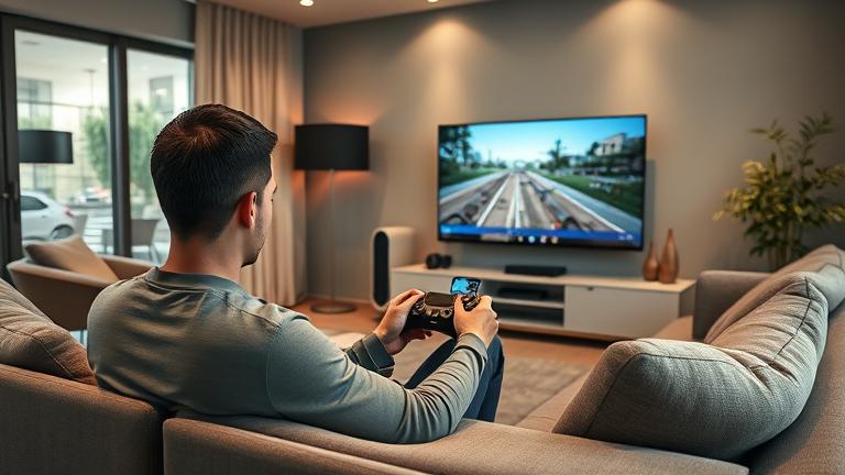 alt_text: Person gaming on PS4 in modern room, recording gameplay with console and capture device.