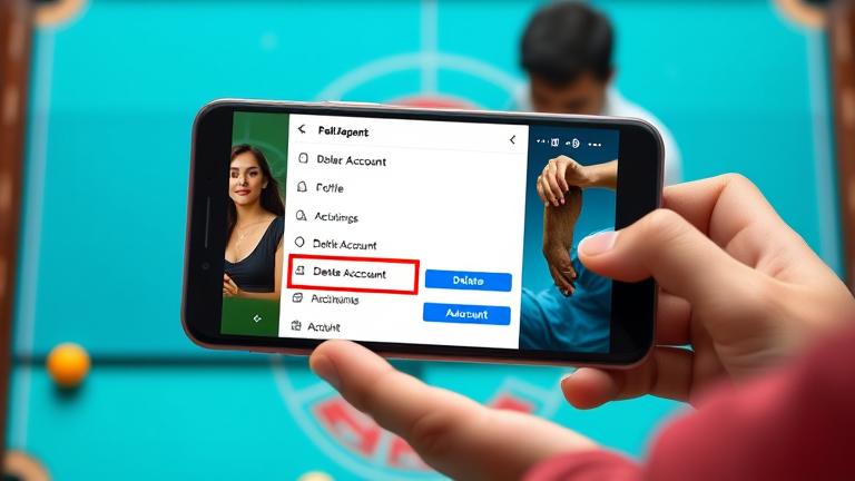 alt_text: Smartphone displaying Carrom Pool app's account settings with delete option, user in background.