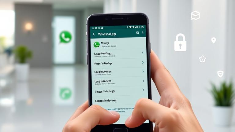 alt_text: Person using WhatsApp on phone, showing "Logged in devices" in settings, highlighting privacy.