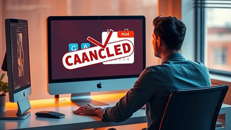 alt_text: Frustrated user at desk as Adobe icons fade, showing cancellation notification and broken logo.