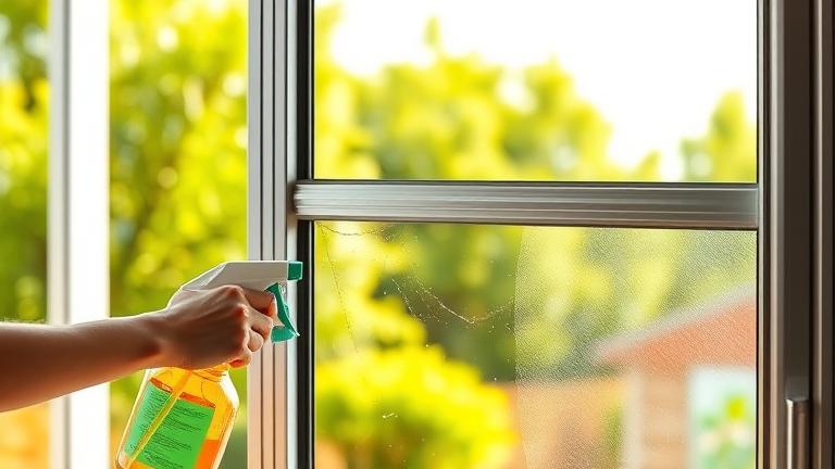 alt_text: Person cleaning shiny aluminum patio enclosure in a sunny backyard with cleaning tools.