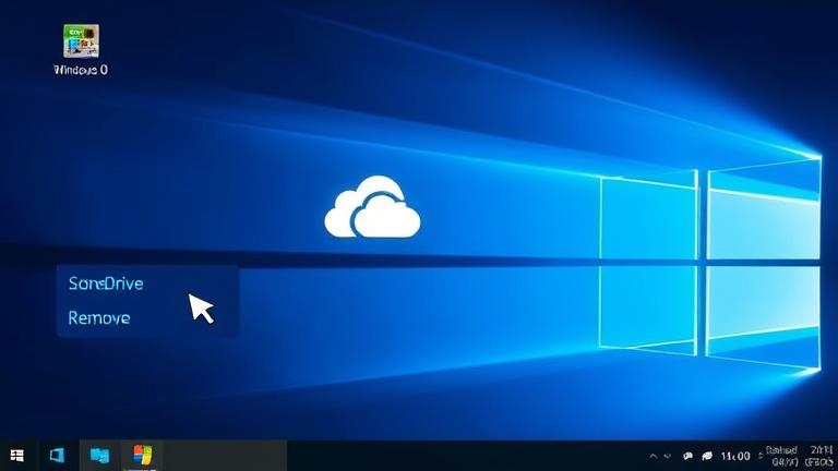 alt_text: Windows 10 desktop with cursor over OneDrive icon, showing remove option for user control.