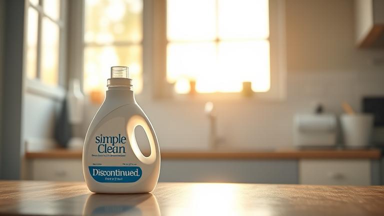 alt_text: Dawn cleaning scene with "Simple Clean" detergent, marked "Discontinued," in a peaceful home.