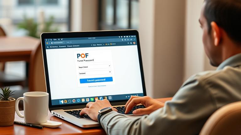 alt_text: Person at laptop on POF login page, symbolizing password reset, in cozy setting.