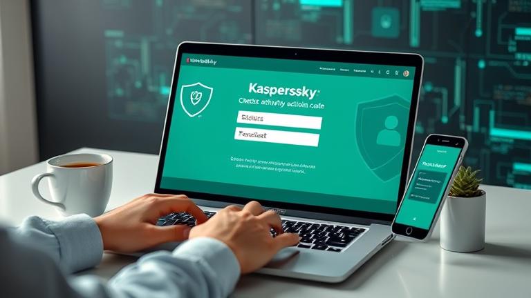 alt_text: Person checks Kaspersky code on laptop with coffee, phone shows verification, secure setup.