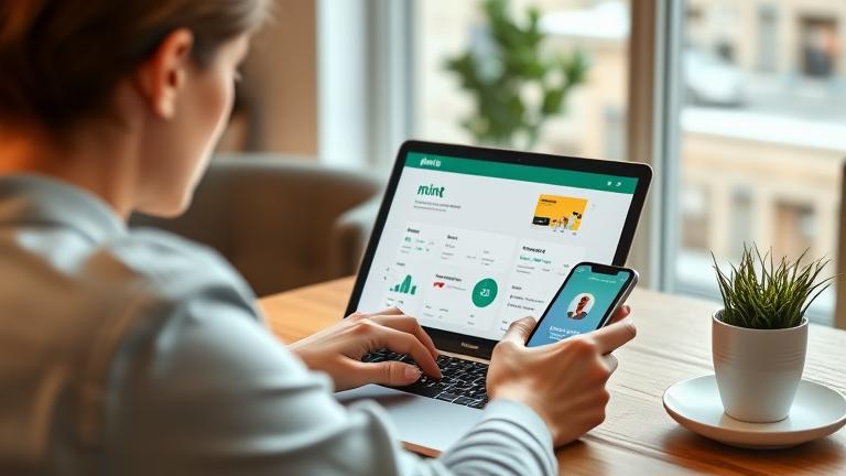 alt_text: Person using Mint app on device in cozy workspace, illustrating account management.
