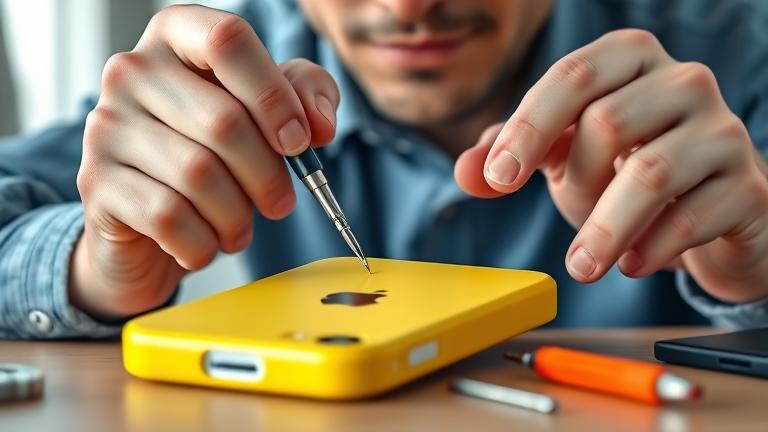 alt_text: Confident person repairs an iPhone 5c with tools in a sleek, modern workshop setting.