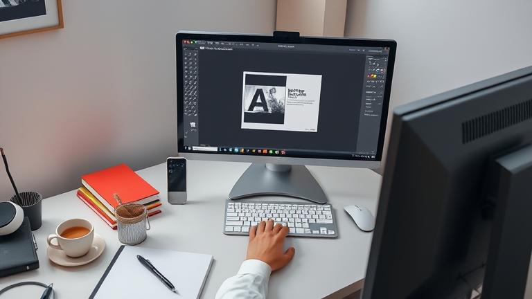 alt_text: Person at desk using Photoshop, resizing image with workspace items nearby.