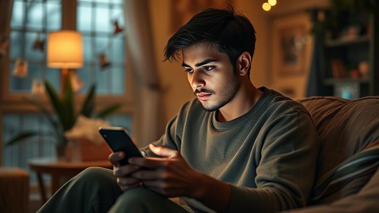 alt_text: Person reflecting alone at home, with blurred social icons, warm lighting, contemplative mood.