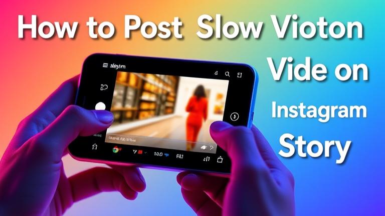 alt_text: Person holds phone showing Instagram story in slow motion with tutorial overlay, vibrant style.