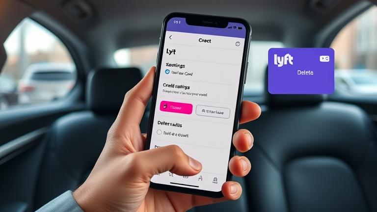 alt_text: Person with Lyft app open, showing account settings and credit card removal in a car interior.