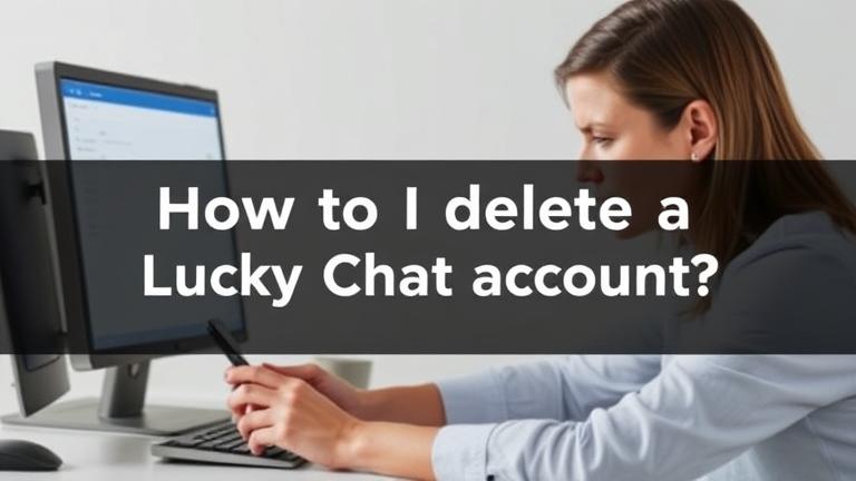 alt_text: Person using devices with Lucky Chat app, looking concerned; overlay text asks about deleting the account.