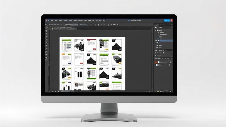 alt_text: Person exports a multi-page PDF in Photoshop on a computer screen with visible thumbnails.