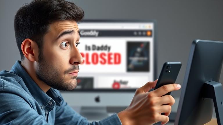 alt_text: Concerned person looks at device screen showing "closed" error message, symbolizing domain issues.