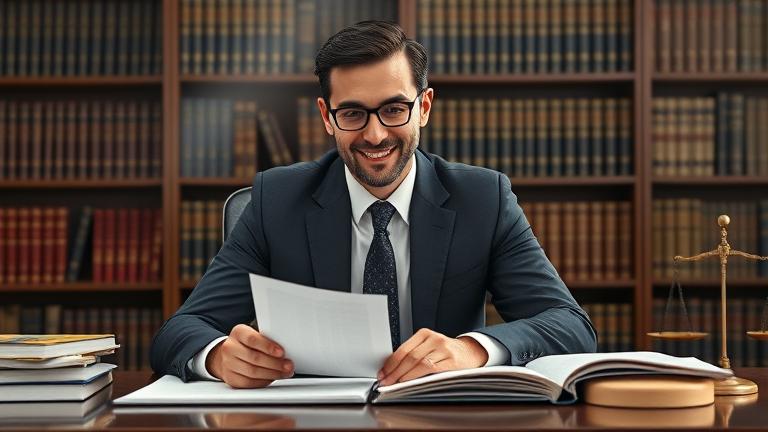 alt_text: Confident lawyer analyzing legal documents amid law books, symbolizing legal mastery.