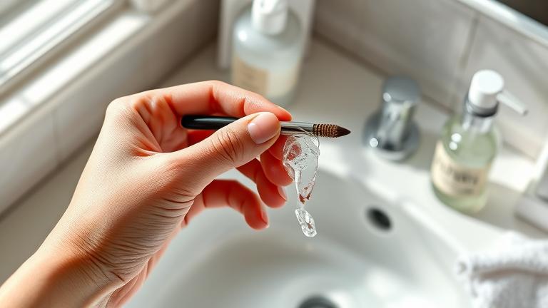 alt_text: Close-up of hand cleaning eyebrow brush with solution, highlighting hygiene and grooming.