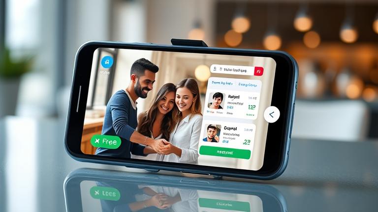alt_text: Mobile dating app with happy users, "free" tags, showcasing trust and affordability.