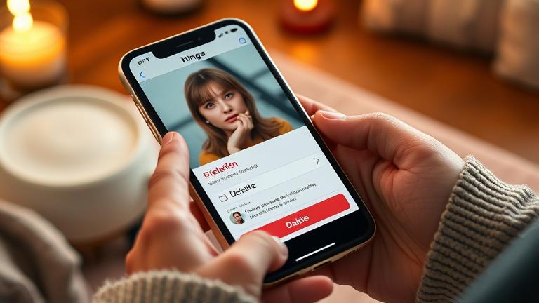 alt_text: Person hesitates over deleting their Hinge profile on phone in cozy setting.