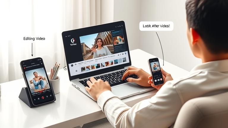 alt_text: Person editing a TikTok video at a desk with tools, smartphone, and bright setting.
