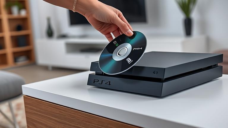 alt_text: Hands ejecting a disc from a PS4 on a modern entertainment unit in a bright living room.