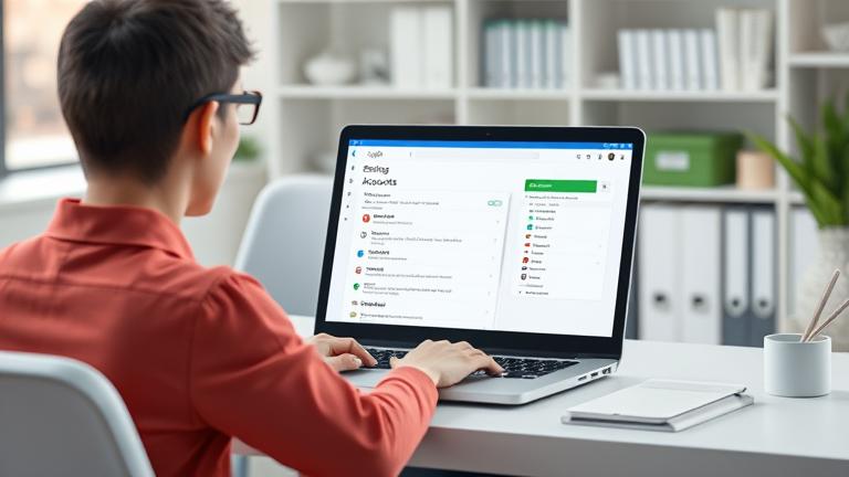 alt_text: Person managing multiple Gmail accounts on laptop in a modern, organized workspace.