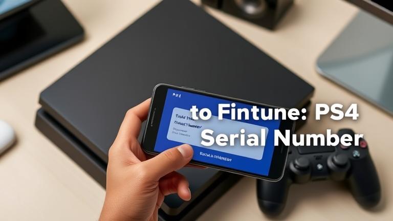 alt_text: Guide to find your PS4 serial number online, with a close-up, phone, and clean setup.
