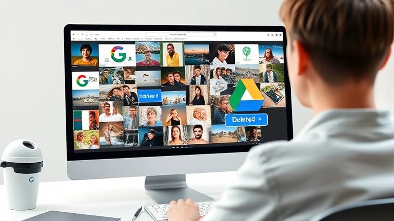 alt_text: User deletes all photos from Google Drive, folder emptied, with trash and confirmation shown.