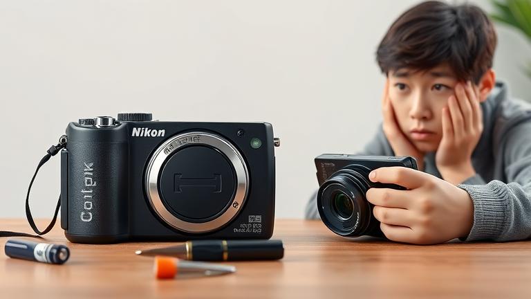 alt_text: Person inspecting Nikon Coolpix B500 with open battery cover, surrounded by tools.