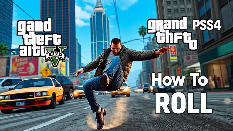 alt_text: GTA 5 PS4 tutorial cover showing a character performing a stylish roll in city chaos.