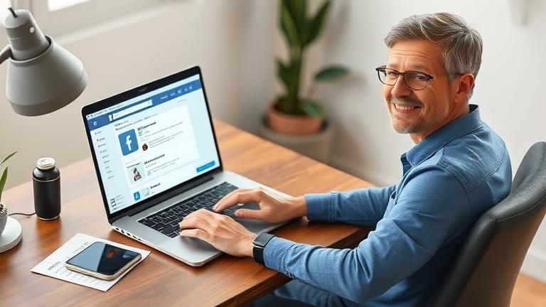 alt_text: Person downloads Facebook data at desk, smiling, with phone and Facebook open on laptop.