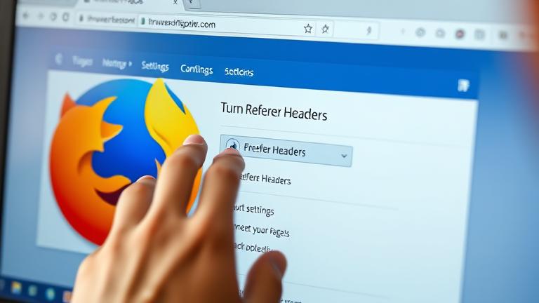 alt_text: Firefox settings with referrer header toggle, hand navigating on a clean, professional screen.