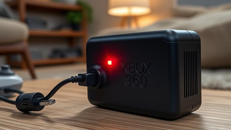 alt_text: Realistic scene showing Xbox 360 power brick with red light, hinting at troubleshooting.