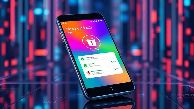 alt_text: Android cleanup app with trash bin icon, progress bars, and storage hints on a sleek screen.