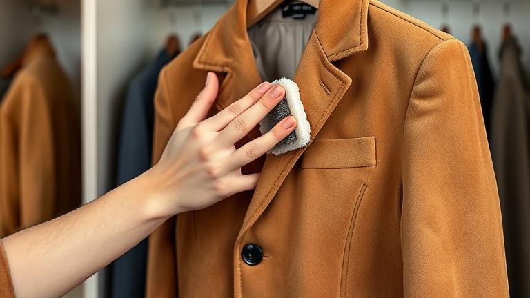 alt_text: Person cleaning a stylish suede jacket with a soft brush in a tidy closet.