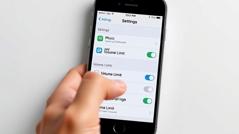 alt_text: iPhone screen showing volume limit toggle off in Settings, with hand interacting.