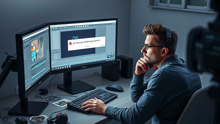 alt_text: Frustrated editor facing Sony Vegas error on cluttered desk with editing tools.