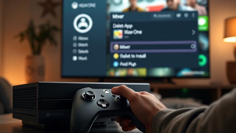 alt_text: Xbox One console, hand navigating controller, TV shows Mixer app menu on cozy gaming setup.