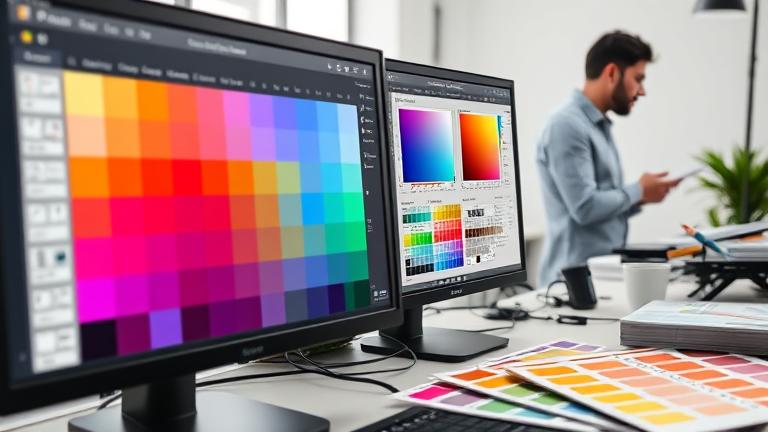 alt_text: Designer's workspace shows color mismatches between Pantone chips and Illustrator palette.