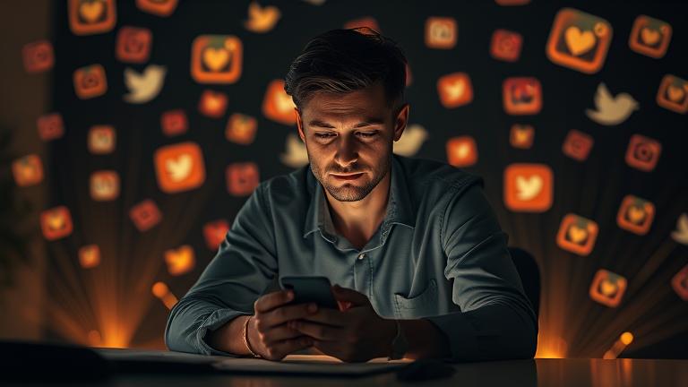 alt_text: Person at desk, calming fade of social icons signifies digital disconnect and reflection.