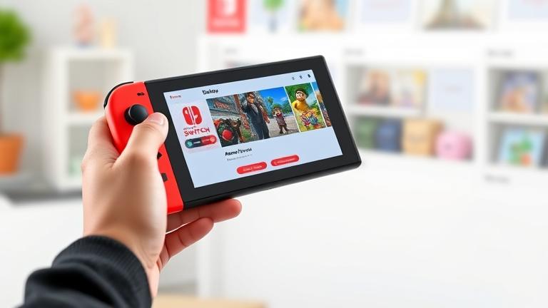 alt_text: Person holds Switch showing eShop interface, with logo, digital store, and friendly vibe.