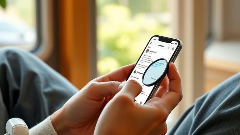 alt_text: Person scrolling Instagram with comments visible, using a magnifying glass overlay.