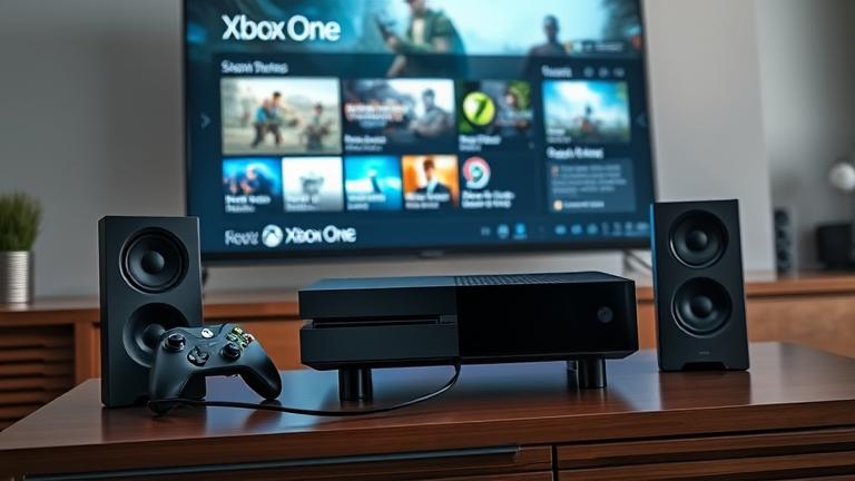 alt_text: Realistic Xbox One setup with external speakers, controller, and gaming scene.