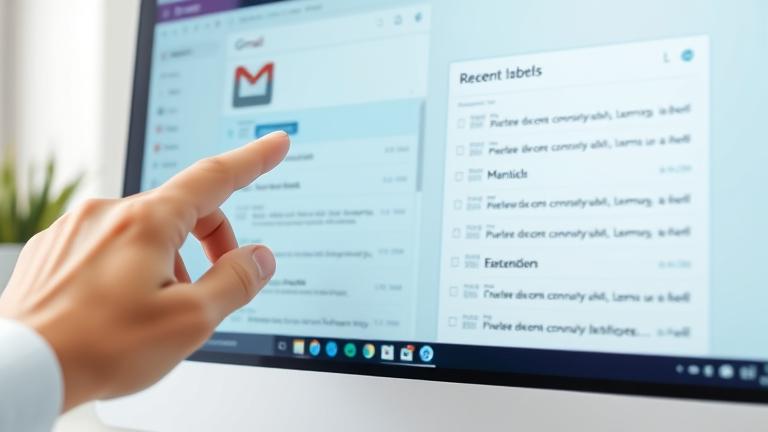 alt_text: Close-up of hand clicking Gmail inbox with labels, settings icon, in a modern workspace.