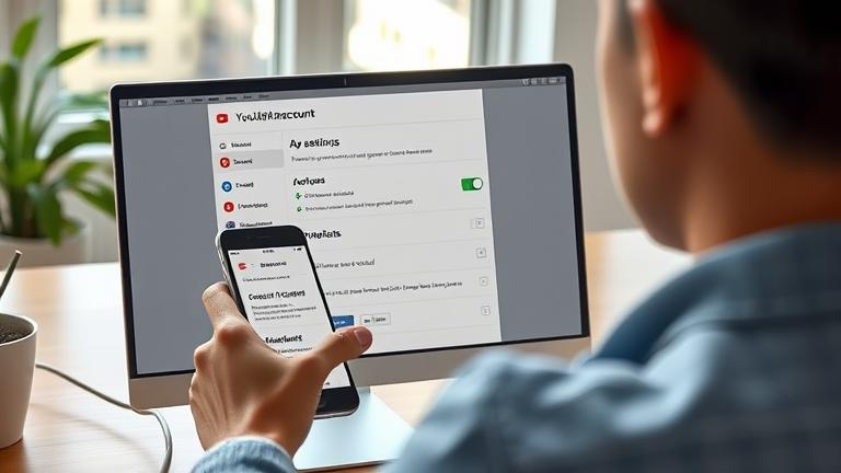 alt_text: Person managing YouTube account on phone with Gmail and YouTube icons, modern style.