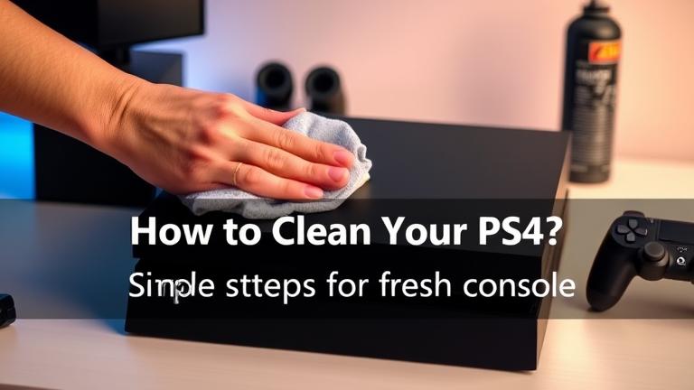 alt_text: Person cleaning a PS4 console with wipes in a tidy gaming setup.