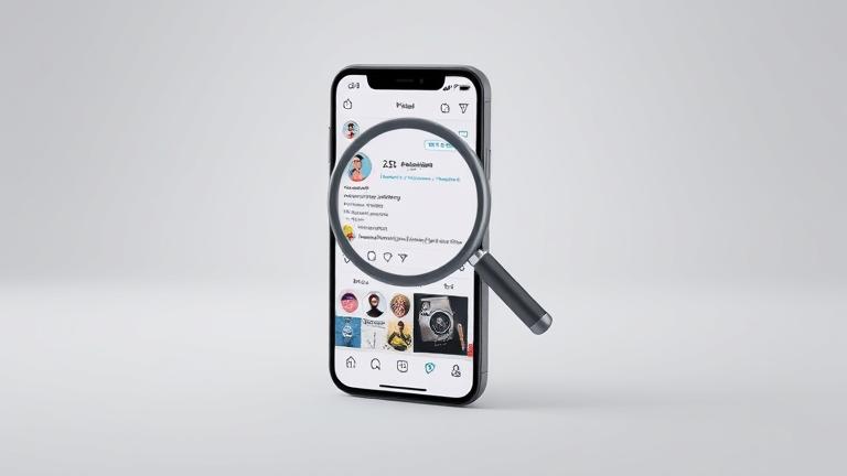 alt_text: Smartphone displaying Instagram profile, highlighting contact data extraction with magnifying glass.