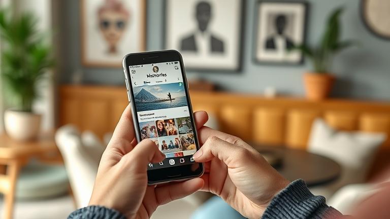 alt_text: Person showing how to post memories on Instagram Stories in a cozy, modern setting.