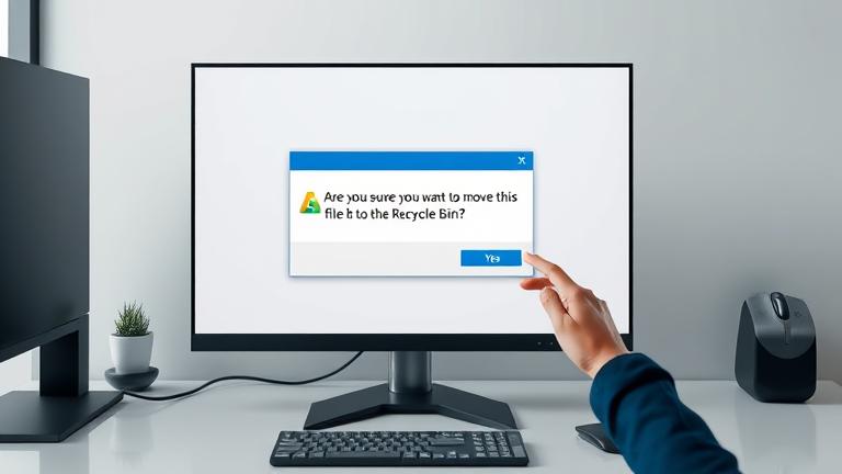 alt_text: Realistic desktop with Windows 10 dialog: "Move file to Recycle Bin?" near keyboard.