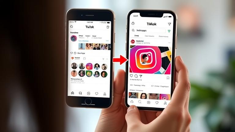 alt_text: Smartphone shows TikTok and Instagram, highlighting profile search and discovery process.